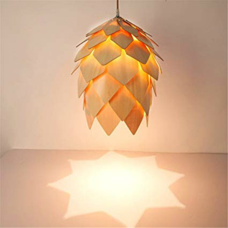 Simple Stylish Pine Cone Ceiling Hanging Light Burlywood Veneer Chandelier Dining Room Bedroom Pendant Lamp