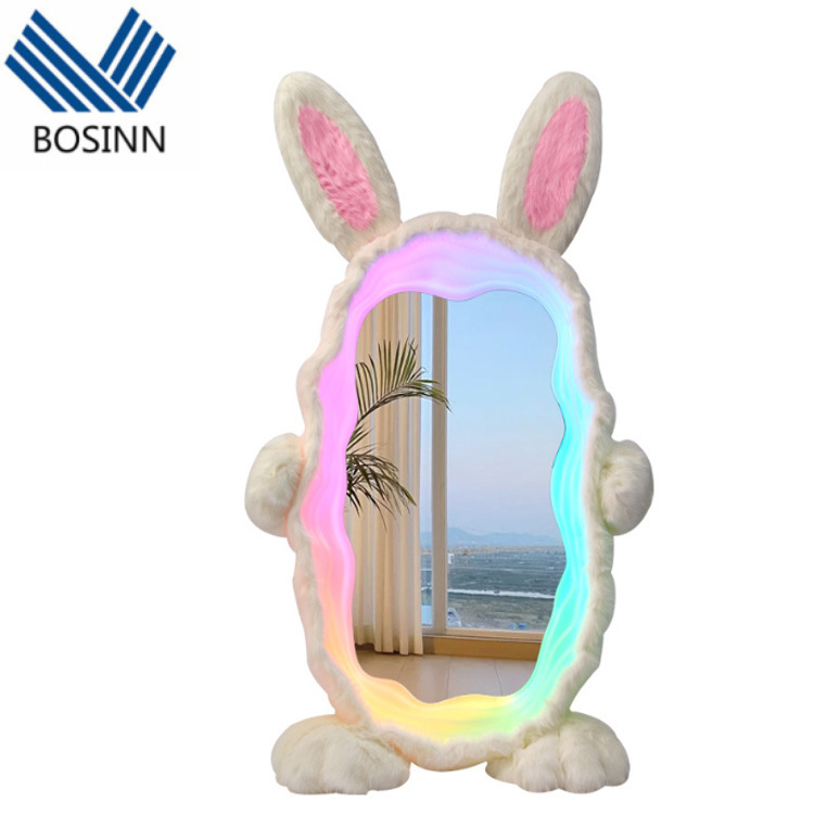 Rabbit Coat Mirror Decor Bedroom Makeup Mirror with RGB Lighting Plush RGB Floor-to-ceiling Full-length Floor Lamp