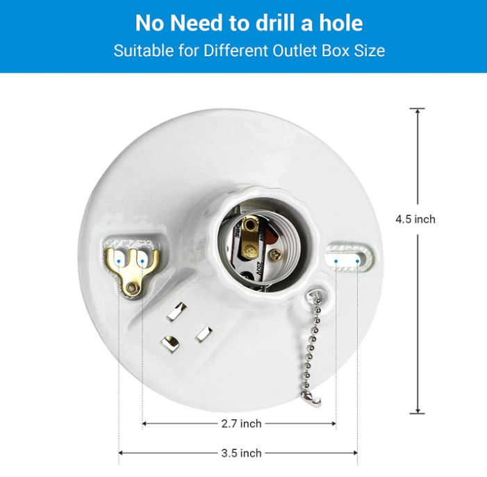 Light Socket with Grounded Outlet Porcelain Pull Chain Light Fixture E26/E27 Base Lamp Bulb Socket Converter