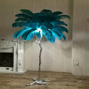 Motif Tree Branch Standing Lights Blue Peacock Lampshade Decoration Villa Hotel Floor Light Ostrich Feather Floor Lamp