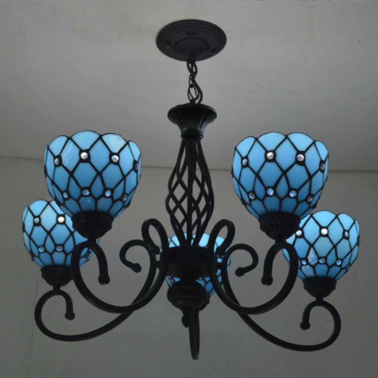 Stained Glass Tiffany Lights Cloisonne Blue Flower Idyllic Hanging Lamp Villa Hotel Clubhouse Living Room Chandelier