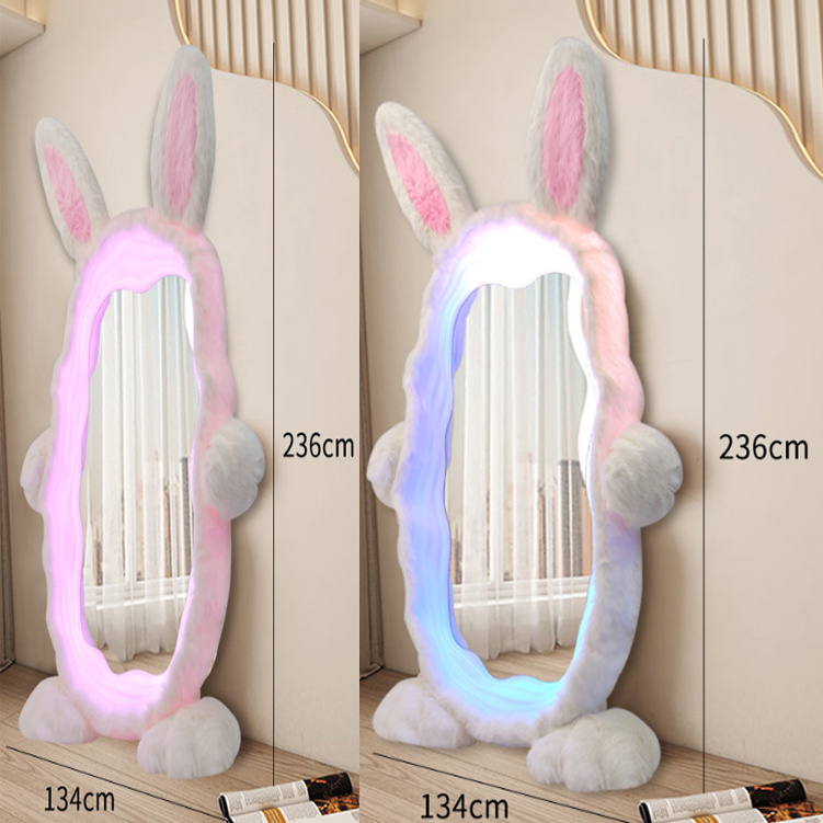 Rabbit Coat Mirror Decor Bedroom Makeup Mirror with RGB Lighting Plush RGB Floor-to-ceiling Full-length Floor Lamp