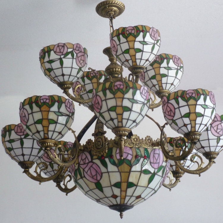 Stained Glass Tiffany Lights Cloisonne Blue Flower Idyllic Hanging Lamp Villa Hotel Clubhouse Living Room Chandelier