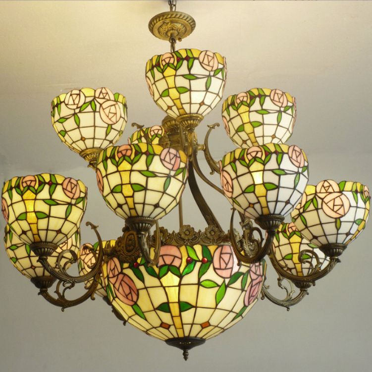 Stained Glass Tiffany Lights Cloisonne Blue Flower Idyllic Hanging Lamp Villa Hotel Clubhouse Living Room Chandelier