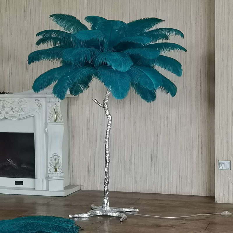 Motif Tree Branch Standing Lights Blue Peacock Lampshade Decoration Villa Hotel Floor Light Ostrich Feather Floor Lamp