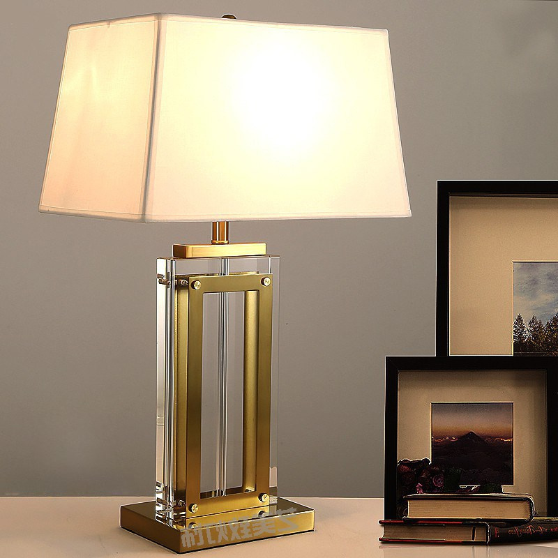 Gold Table Lamp For Living Room Bedroom Table Light Luxury Copper Crystal Lampara Study Rectangle Cloth Desk Lamp