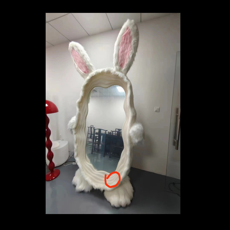 Rabbit Coat Mirror Decor Bedroom Makeup Mirror with RGB Lighting Plush RGB Floor-to-ceiling Full-length Floor Lamp