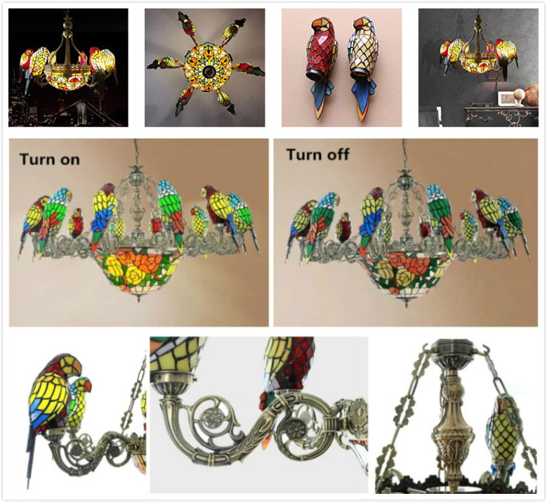 Parrot Tiffany Pendant Lamp Stained Glass Parrot Lantern Bird Chandeliers Hanging Tree Branch Ceiling Light