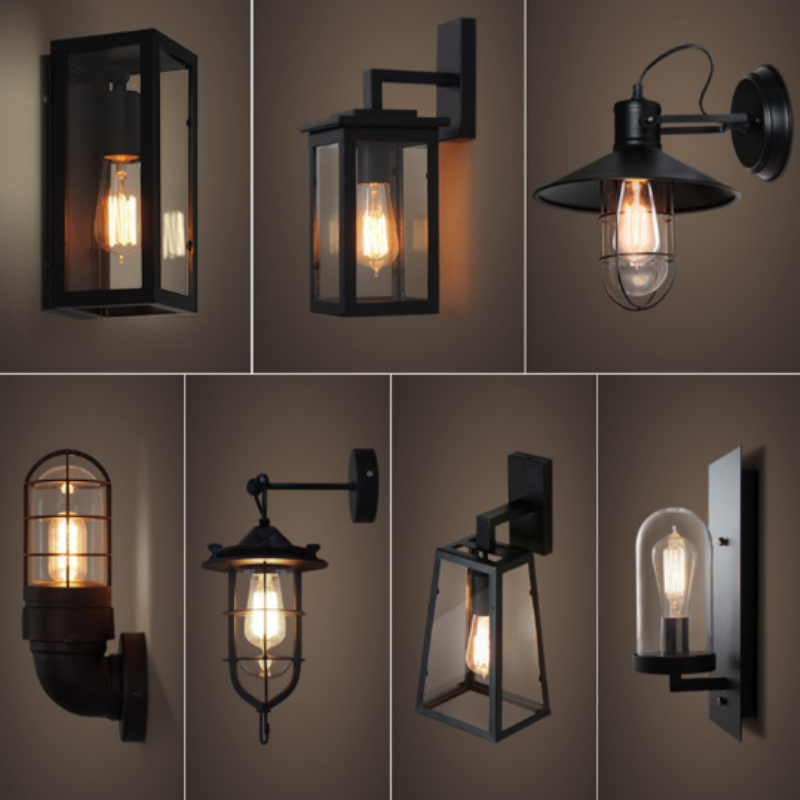 Garden Wall Lamps Lantern Black Finish Seeded Glass Porch Sconce Exterior Wall Light Courtyard Swing Arm Lights