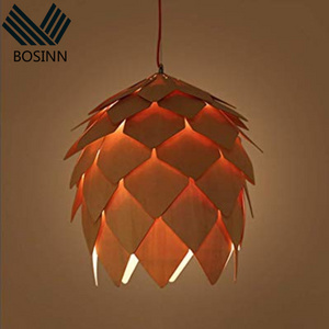 Simple Stylish Pine Cone Ceiling Hanging Light Burlywood Veneer Chandelier Dining Room Bedroom Pendant Lamp