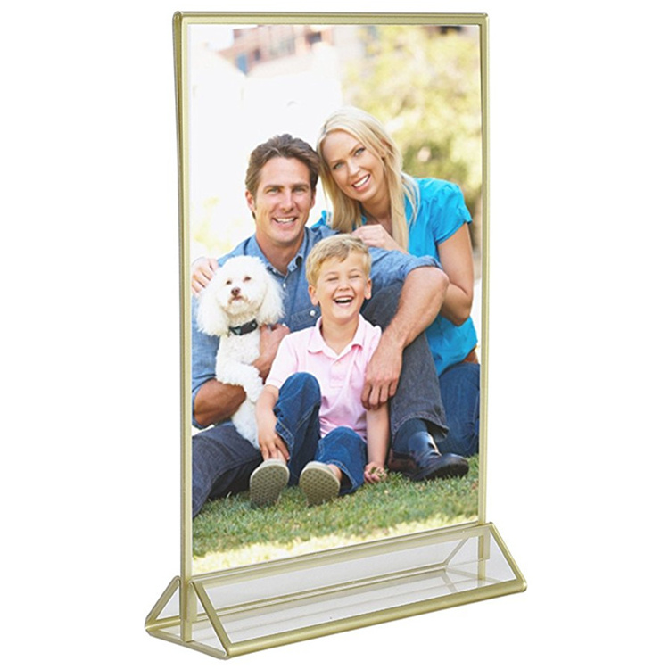 High Quality Clear Acrylic Double Sided Frames Display Holder with Vertical Stand and 3mm Gold Frame