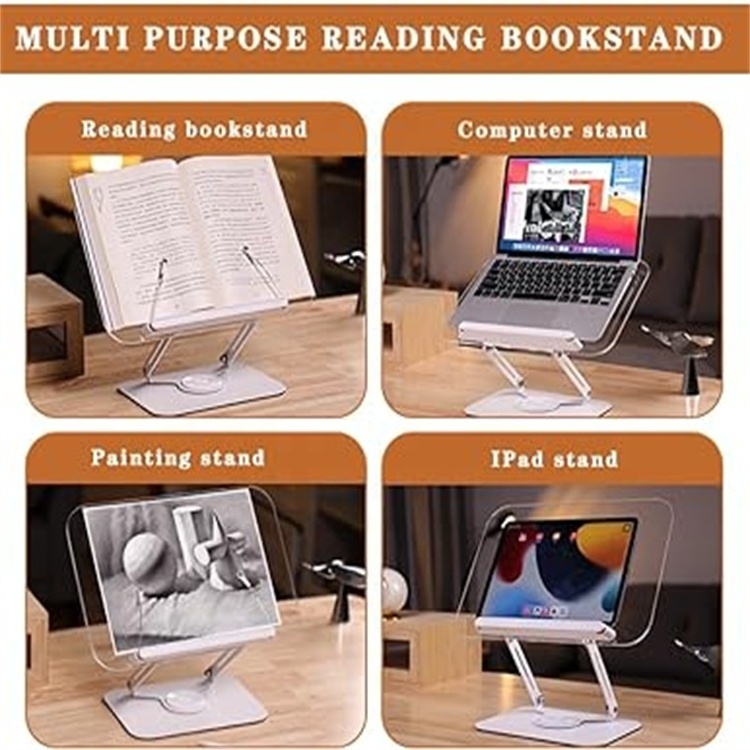 High Quality Acrylic Clear Bookshelf with 360 Degree Rotating Base Page Clip Adjustable Height Bookshelf for Bible Recipe Book