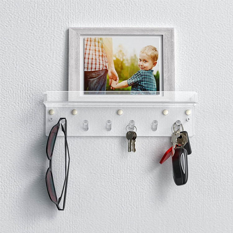 Convenient Magnetic Key Rack with Tray, 6 Hooks Clear Acrylic Wall Mounted Key Holder with Top Shelf for Entryway Hallway