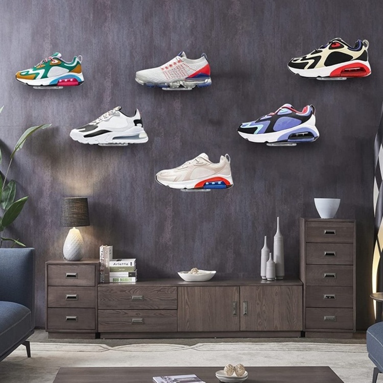 ACRYLIC FLOATING SHOE DISPLAY WALL MOUNT FOR DISPLAYING SHOES CLEAR SNEAKER SHELVES TO DISPLAY SHOE WALL SHELF