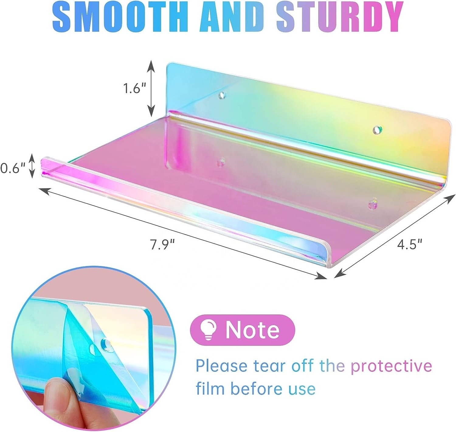 2-Pack Medium Iridescent Acrylic Floating Shelves with Edge Rainbow Ledge Shelf Adhesive Screw Wall Mounting Phone Holder Shelf