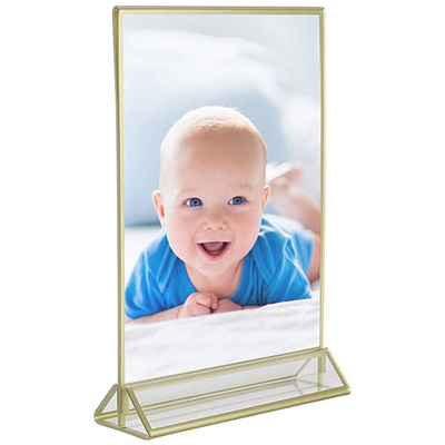 High Quality Clear Acrylic Double Sided Frames Display Holder with Vertical Stand and 3mm Gold Frame