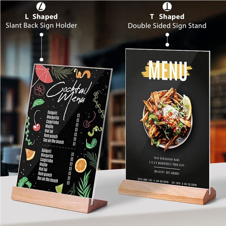 Two Sides Transparent Acrylic Sign Holder Table Menu Display Stand Flyer Display with a Triangle Wooden Base