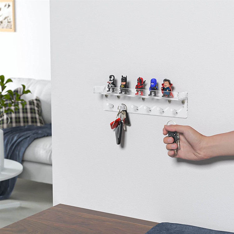 Convenient Magnetic Key Rack with Tray, 6 Hooks Clear Acrylic Wall Mounted Key Holder with Top Shelf for Entryway Hallway