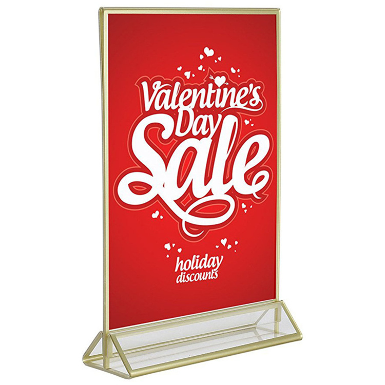 High Quality Clear Acrylic Double Sided Frames Display Holder with Vertical Stand and 3mm Gold Frame