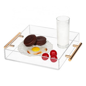 10 x 10 Inches Clear Square Acrylic Serving Tray with Gold Handles Spill Proof Acrylic Tray Organizer for Kitchen Bathroom