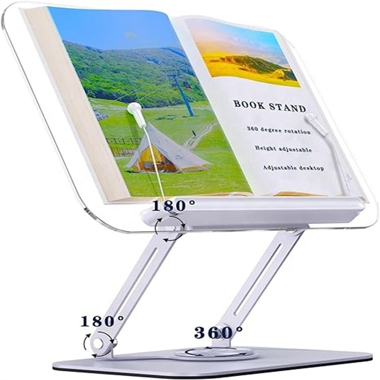 High Quality Acrylic Clear Bookshelf with 360 Degree Rotating Base Page Clip Adjustable Height Bookshelf for Bible Recipe Book