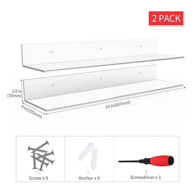 Wall Mount 24 Inches Length Clear Acrylic Floating Shelves Acrylic Long Wall Shelf for Plants Speaker Radio  Funko Pop