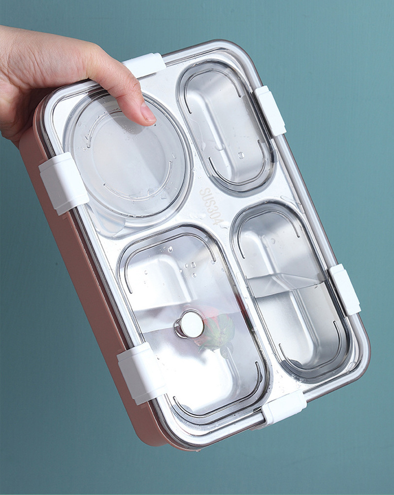 Wholesale Bento Lunch Boxes Leak Proof 304 Stainless Steel for School Kids and Adults 4 Compartment Square Fashionable 900ml 304