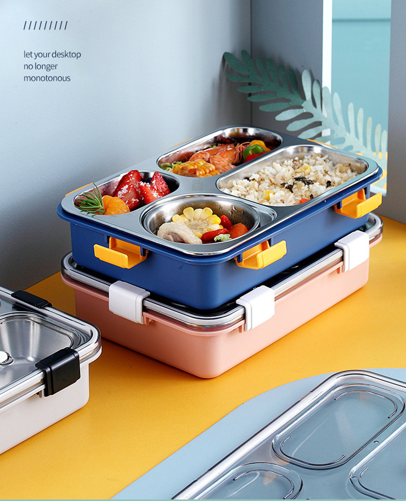 Wholesale Bento Lunch Boxes Leak Proof 304 Stainless Steel for School Kids and Adults 4 Compartment Square Fashionable 900ml 304