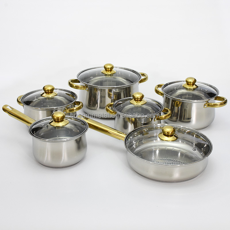 Hot sales Belly shape 12pcs Stainless Steel  Cookware set gold handles and glass lid home kitchenware set