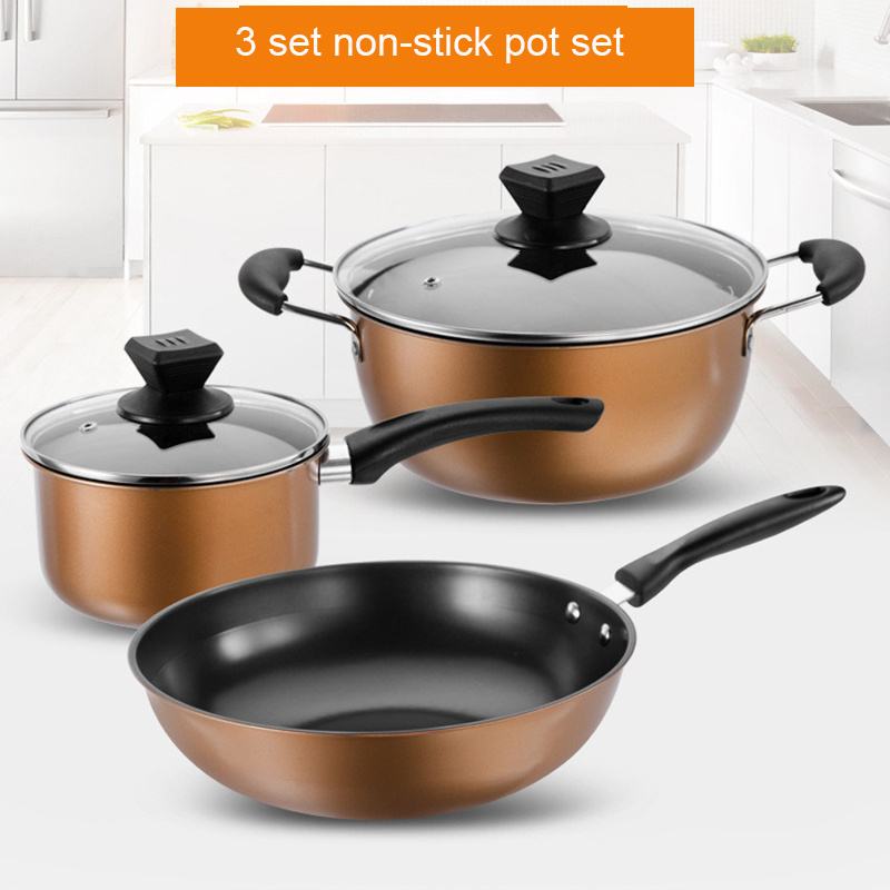 Cast Iron Cookware Set Golden Coating with Non Stick Inside Utensil Kitchen Ware Casserole Pot Tableware Set