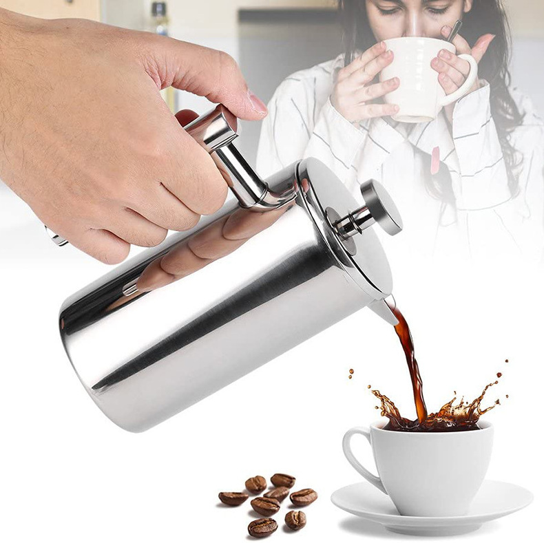 Stainless Steel Coffee Maker French Press Coffee Cup Tea Maker Double Wall 3 level filtration system pot