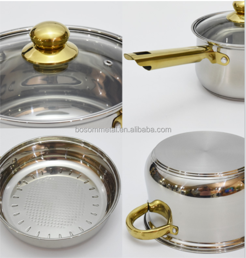 Hot sales Belly shape 12pcs Stainless Steel  Cookware set gold handles and glass lid home kitchenware set