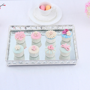 Luxury  rectangle silver plated   glass crystal cake  cup cake display  Mirror tray  stand  for wedding cake toppers