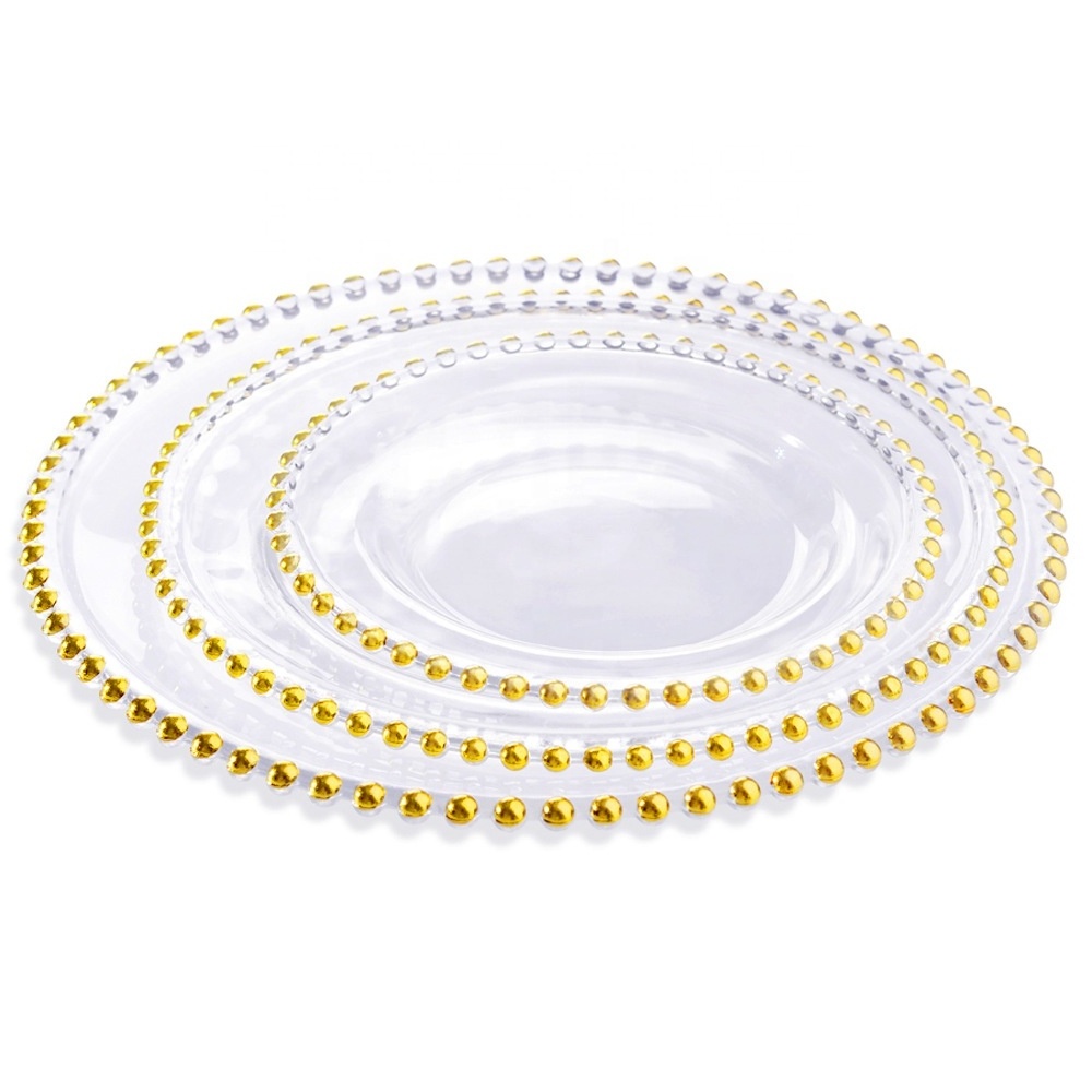 Nordic Creative Pearl Cushion Plate gold bead glass plate banquet  wedding   Round  glass gold rim beaded charger plates