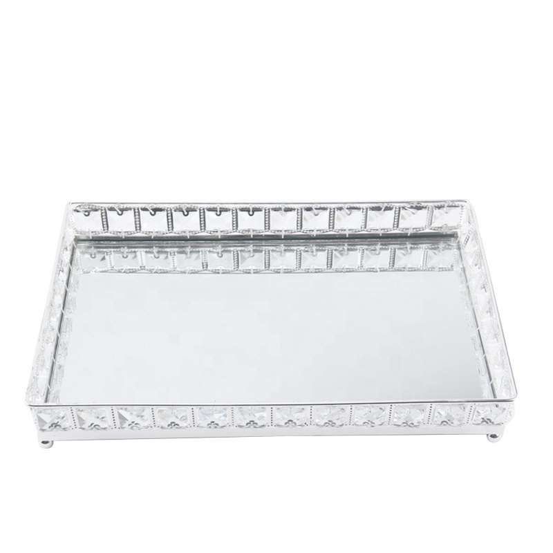 Luxury  rectangle silver plated   glass crystal cake  cup cake display  Mirror tray  stand  for wedding cake toppers