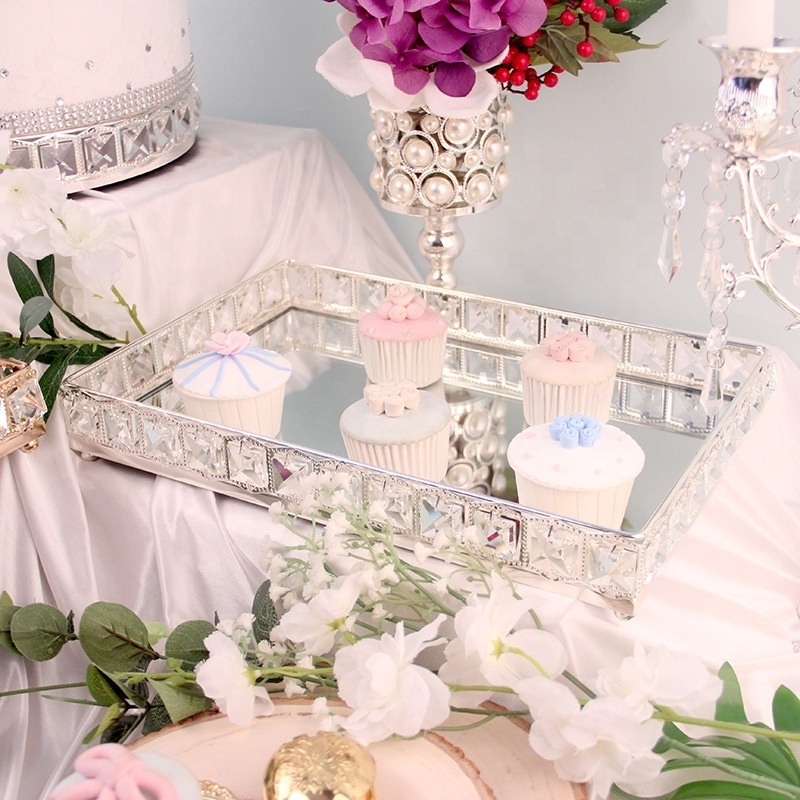 Luxury  rectangle silver plated   glass crystal cake  cup cake display  Mirror tray  stand  for wedding cake toppers