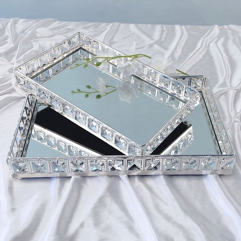 Luxury  rectangle silver plated   glass crystal cake  cup cake display  Mirror tray  stand  for wedding cake toppers