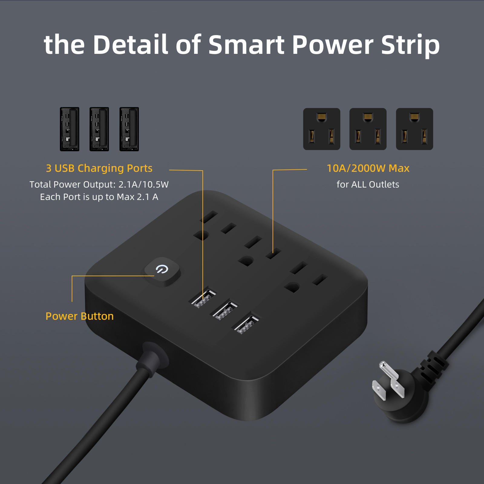 US black socket 3 AC and 3 USB charger, extension socket with night vision lamp, power switch and cable length of 1.2m (default)