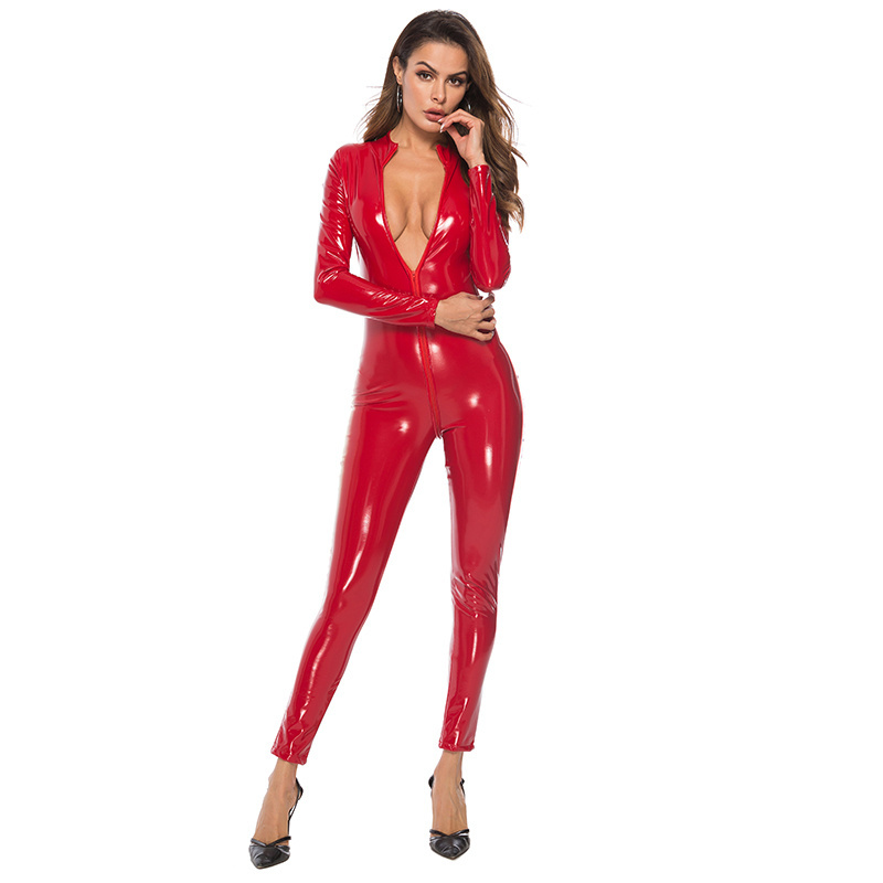 Bossman Women's Wet Look Zipper Front Cat Suit Bodysuit Jumpsuit Costume Black Customized Latex Clothing Latex Rubber Dress