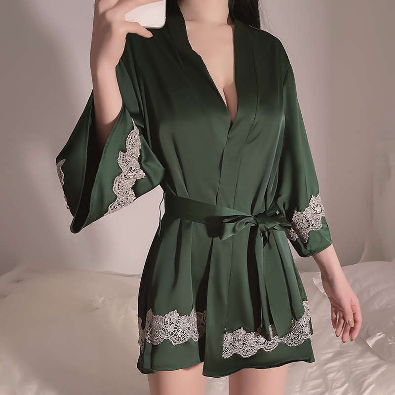 Bossman Wholesale Sexy Sleepwear Kimono Women Vintage Lace Satin Robe