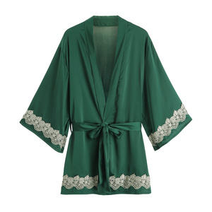 Bossman Wholesale Sexy Sleepwear Kimono Women Vintage Lace Satin Robe