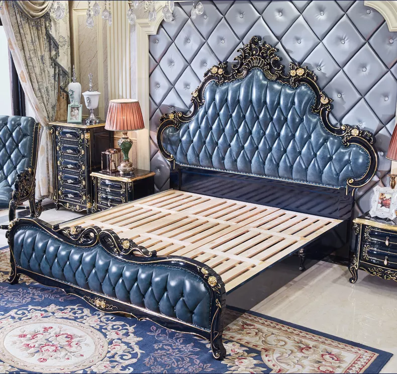 Latest European elegant design oak wood carving bed classic bedroom furniture luxury master room king size bed