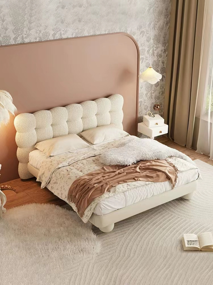 FURNITURE Modern bedroom furniture Rectangle teddy fabric bubble bed heard wooden double bed for home