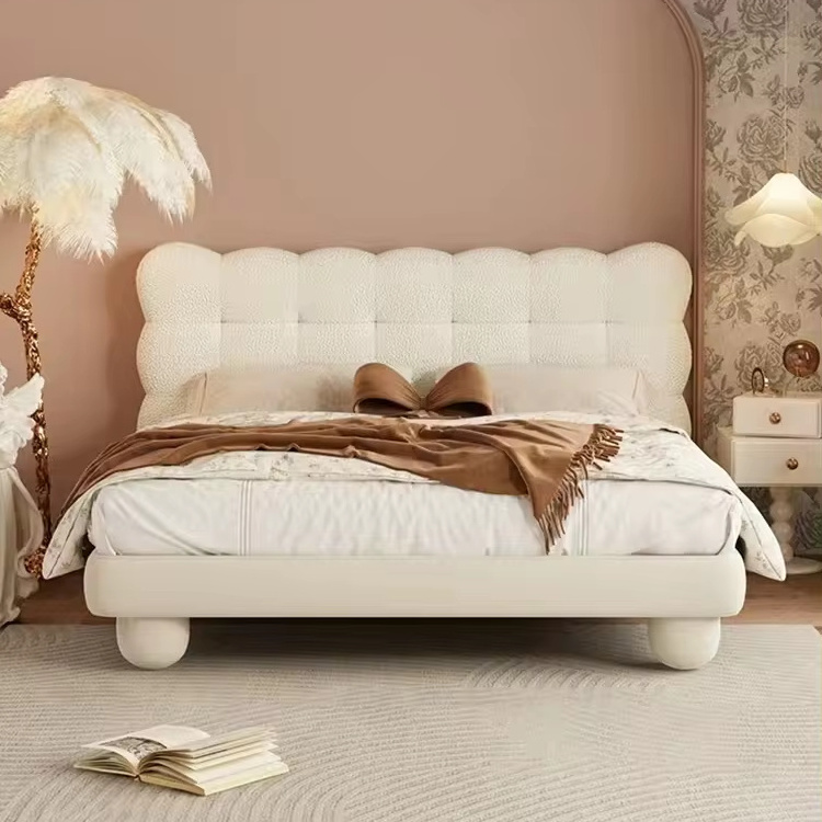 FURNITURE Modern bedroom furniture Rectangle teddy fabric bubble bed heard wooden double bed for home