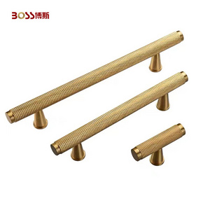 Furniture T Shape Gold Bedroom Handle Drawer Knob Knurled Solid Brass Kitchen Cabinet Door Pull Handle Lock