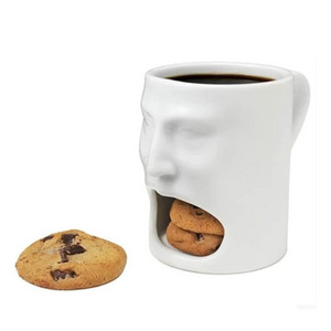 Wholesale Reusable White Biscuits Tea Milk Cup With Pocket Portable Food Grade 3D Ceramic Coffee Cookie Holder Mug