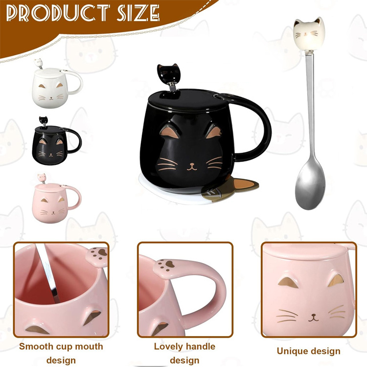 Creative Portable Food Grade Reusable Breakfast Milk Espresso Cup Cute 3D Cartoon Cat Ceramic Coffee Mug With Lid And Spoon