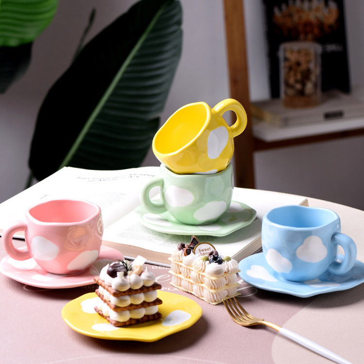 Creative Ins Style Eco-Friendly Irregular Cups Portable Food Grade Hand-Painted Cloud Ceramic Mug Cup With Saucer Set