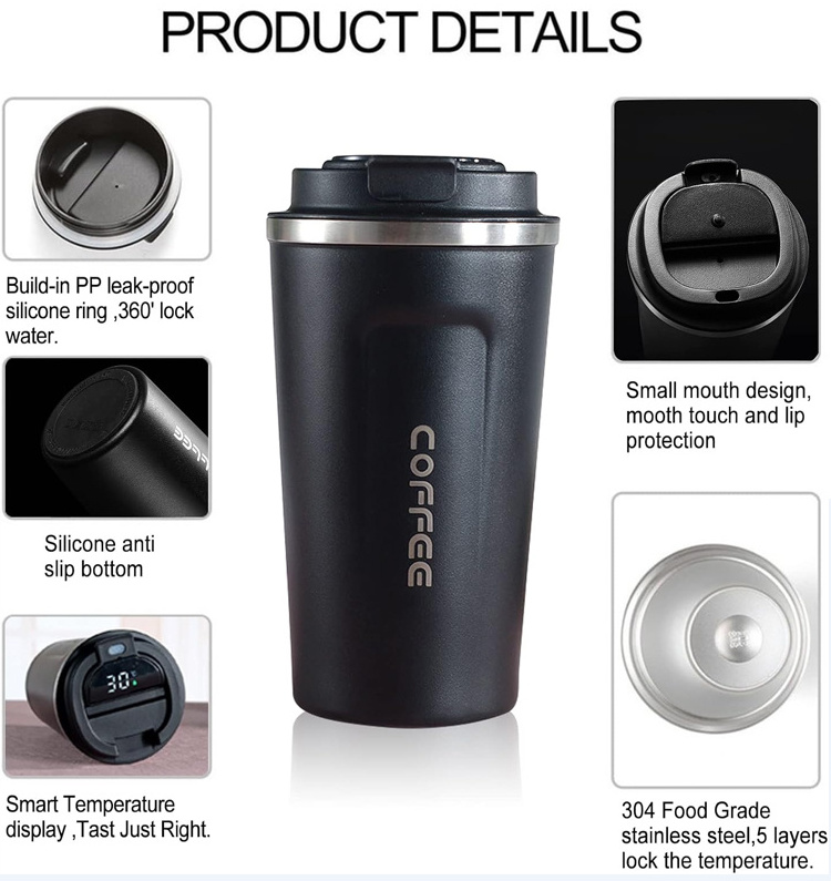 Hot Selling 380ml 510ml 304 Stainless Steel Smart Led Temperature Display Travel Vacuum Coffee Cup Thermal Insulated Coffee Mug