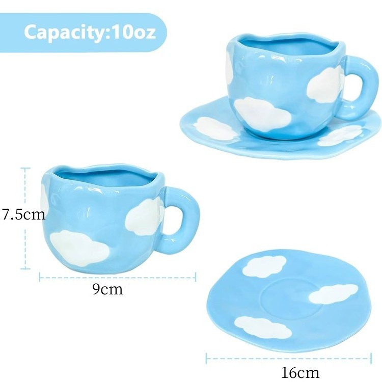 Creative Ins Style Eco-Friendly Irregular Cups Portable Food Grade Hand-Painted Cloud Ceramic Mug Cup With Saucer Set